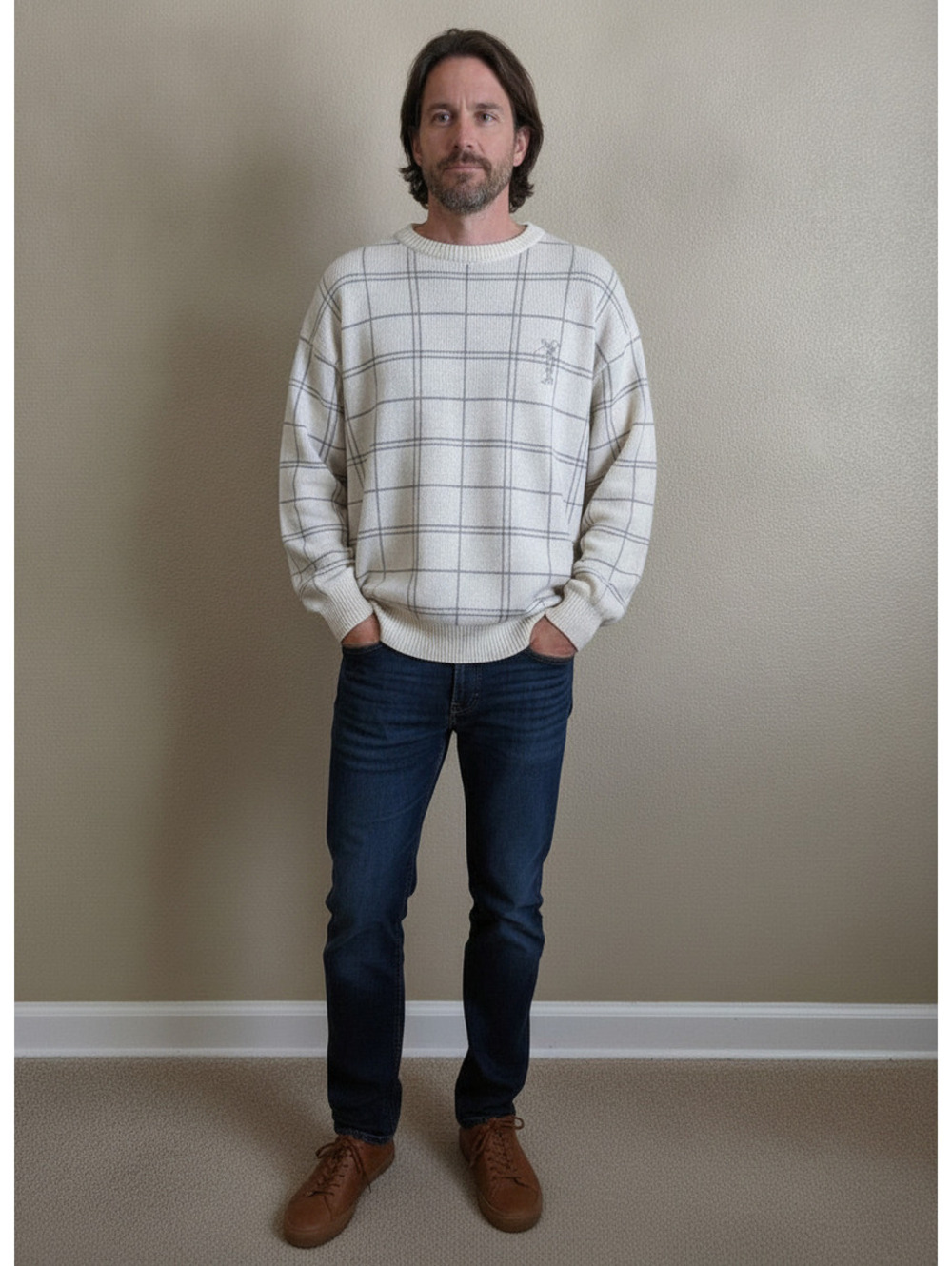 Vintage 90s Cypress Links Grid Plaid Golf Sweater Cream Crewneck Size Medium